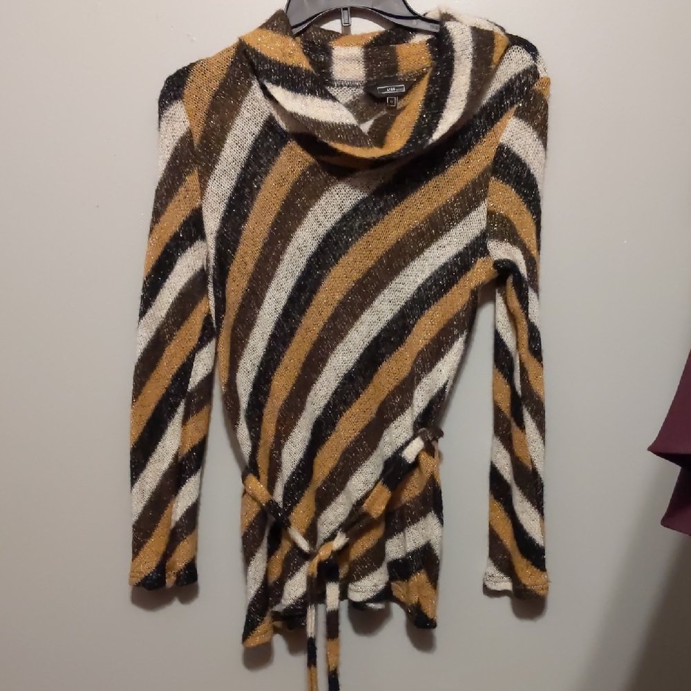 Striped Cowl Neck Sweater - Brown, Black, White